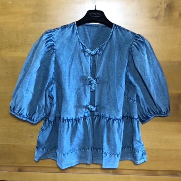 GANNI Sky Captain Blue Cotton Poplin Tie Blouse in size 12 - Picture 6 of 14